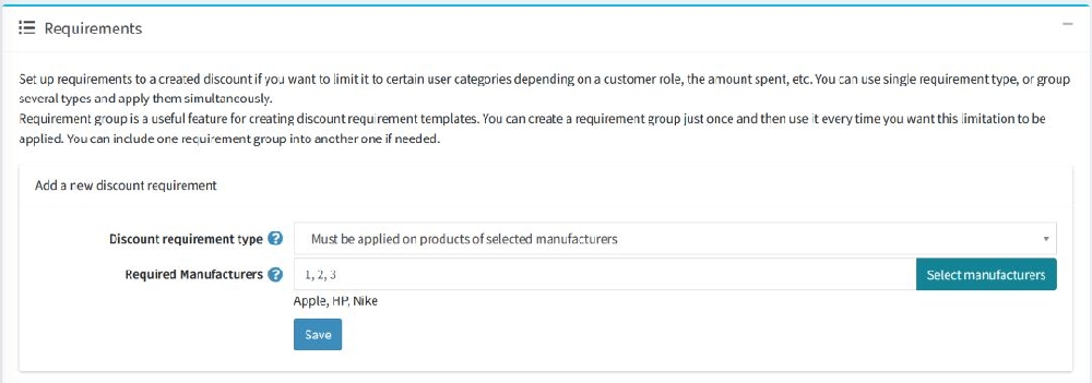 manufacturers based discount condition requirement setting page 